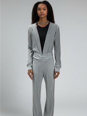 Silver Pleated  Blazer Jumpsuit